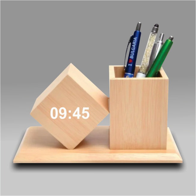 Wood Pen Holder with digital clock